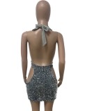 Silver Sequin Deep-V Keyhole Backless Halter Mini Cocktail Dress