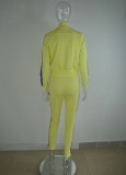 Yellow Wide Striped Turndown Collar Zip Top and Pants 2PCS Set