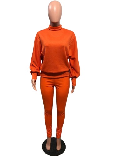 Orange Kintted Long Sleeves Top and Sheath Legging 2PCS Set