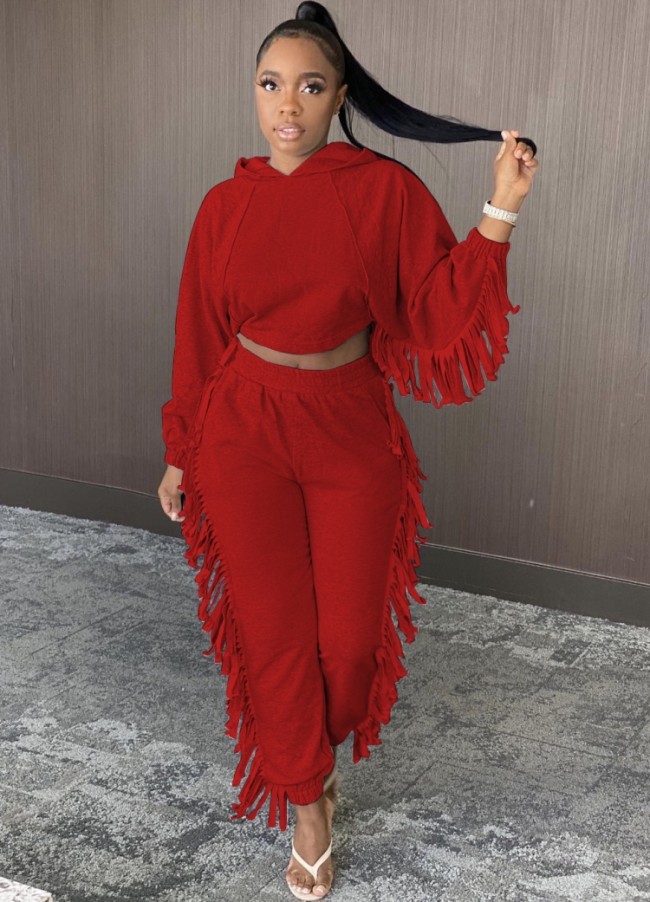 Red Fringe Hoody Crop Top and High Waist Pants 2PCS Set