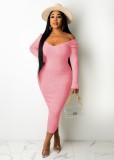 Pink V-Neck Long Slim Fit Dress