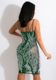 Elegant Green Beaded Cami Midi Dress