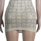 Beige Beaded Backless Halter Plunge Neck Mini Dress