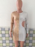 Khaki and White Contrast Sequin Cut Out Long Sleeve Mini Dress