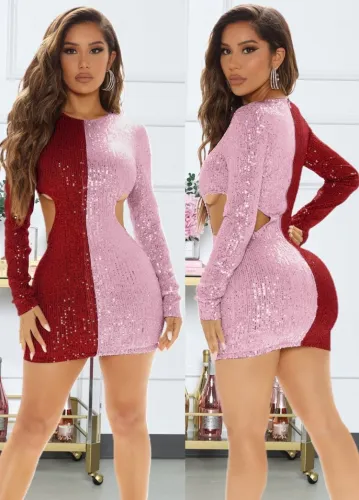 Red and Pink Contrast Sequin Cut Out Long Sleeve Mini Dress