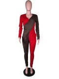 Brown and Red Long Sleeve V-Neck Wrap Jumpsuit
