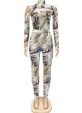 Print Tight Turtleneck Top and Pants Two Piece Set