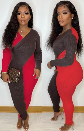Brown and Red Long Sleeve V-Neck Wrap Jumpsuit