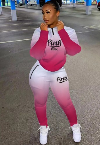 Pink Gradient Letter Print Zip Collar Top and Sweatpants 2PCS Set