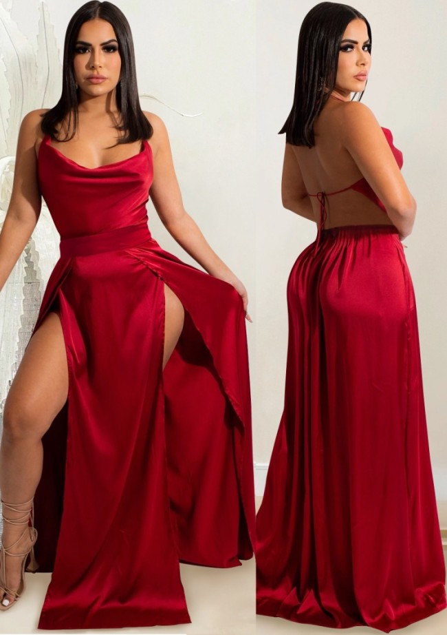 Red Silk Backless High Split Cami Halter Long Evening Dress