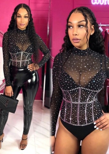 Black Beaded Mesh See Through Scoop Neck Bodysuit