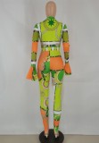 Green Print Flare Sleeve Turndown Collar Bodycon Jumpsuit