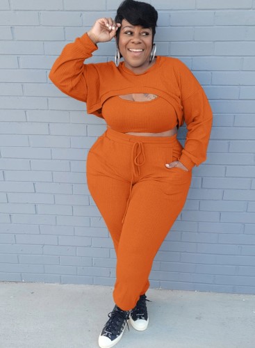 Plus Size Orange Cami Crop Top and Pants with Cape Top 3PCS Set
