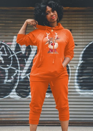 Christmas Elk Print Orange Hoody Top and Pants 2PCS Sweatsuit