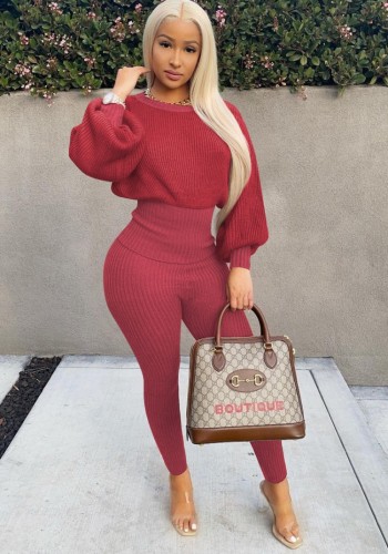 Burgunry Ribbed Bubble Sleeve Top and Pants Two Piece Set