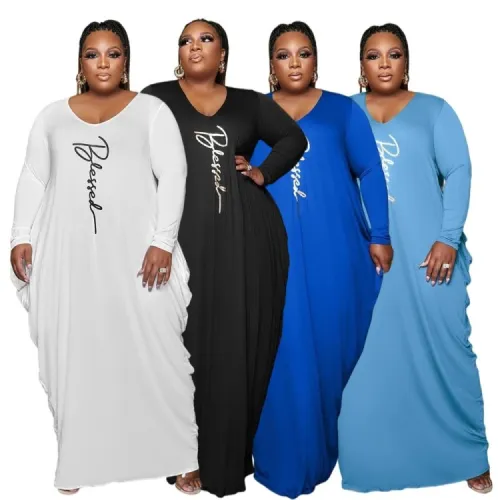 Plus Size Letters Print Dk-Blue O-Neck Wide Maxi Dress