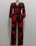 Red Print V-Neck Wrap Jumpsuit with Belt