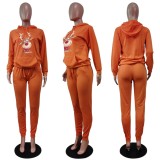 Christmas Elk Print Orange Hoody Top and Pants 2PCS Sweatsuit