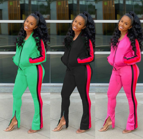 Contrast Hot Pink Side Striped Two Piece Fashion Zipped Tracksuit