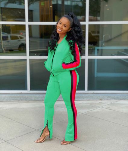 Contrast Green Side Striped Two Piece Fashion Zipped Tracksuit