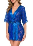 Blue Lace Nightdress and T-Back Lingerie 2PCS Set with Silk Belt