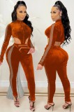 Orange Velvet High Neck Zipper Up Cut Out Jumpsuit with Pocket