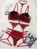 Red Lace Top and Underwear Bra Galter Lingerie 3PCS Set