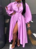 Purple Hollow Out Puffed Sleeve Button Up Long Blouse Dress