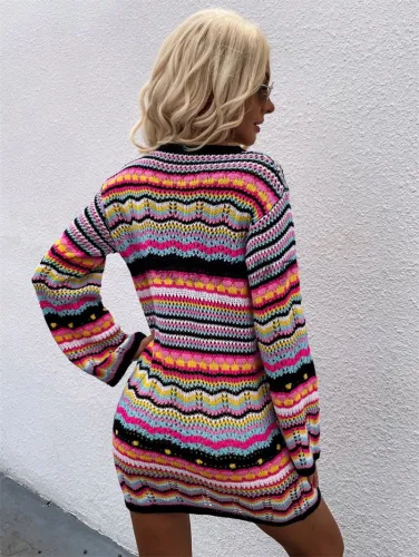 Multicolor Stripes O-Neck Drop Shoulder Sweater Mini Dress