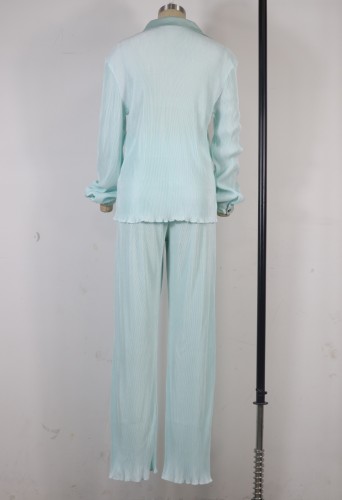 Lt-Green Silk Patch Button Up Blouse And Loose Pant 2PCS Set