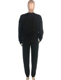 Black Long Sleeves O-Neck Loose Top and Pants 2PCS Set