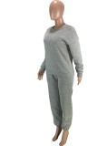 Gray Long Sleeves O-Neck Loose Top and Pants 2PCS Set