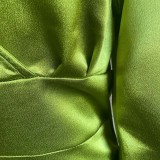 Plus Size Green Silk V-Neck Puff Sleeve Flounce Midi Dress