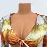 Print Orange Tie-knitted Long Sleeve Crop Top and Skirt 2PCS Set