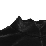 Black Velvet High Neck Zipper Up Cut Out Jumpsuit with Pocket