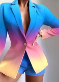 Rainbow Color Print Long Sleeve Office Blazer And Shorts 2PCS Set