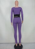 Purple Contrast Square Neck Fitted Crop Top and Pants 2PCS Set