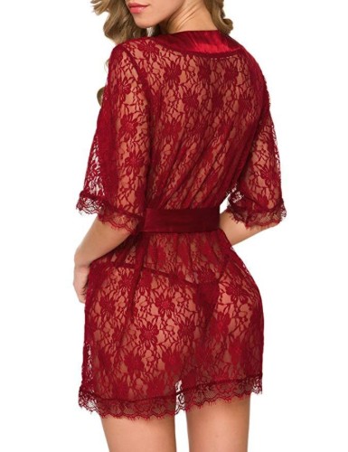 Red Lace Nightdress and T-Back Lingerie 2PCS Set with Silk Belt
