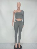 Gray Single Shoulder Crop Top and Cut Out Fitted Pants 2PCS Set