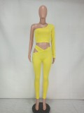 Yellow Single Shoulder Crop Top and Cut Out Fitted Pants 2PCS Set