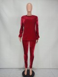 Red Velvet Loose O-Neck Sweatshirt and Fitted Pants 2PCS Set