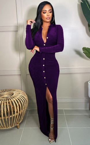 Purple Silk Button Up Long Sleeve Maxi Blouse Dress