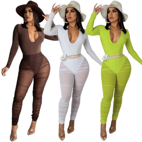 Brown V-Neck Fitted Bodysuit and Mesh See Through Ruched Pants 2PCS Set