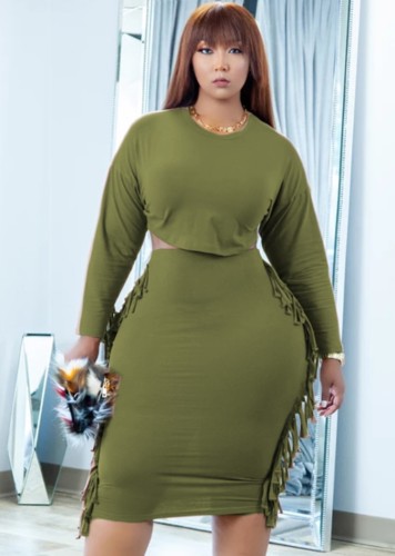 Plus Size Green O-Neck Long Sleeve Crop Top & Fringe Midi Skirt
