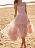 Pink Mesh Ruffles Sleeveless Single Shoulder Long Dress