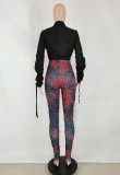 Black Long Sleeve Crop Top and  Print High Waist Fitted Pants