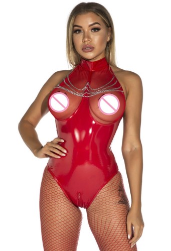 Red Leather Chains Mesh High Neck Teddy Lingerie