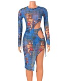 Blue Print Cut Out Long Sleeve Bodysuit and Irregular Skirt 2PCS Set