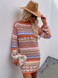 Multicolor Stripes O-Neck Drop Shoulder Sweater Mini Dress