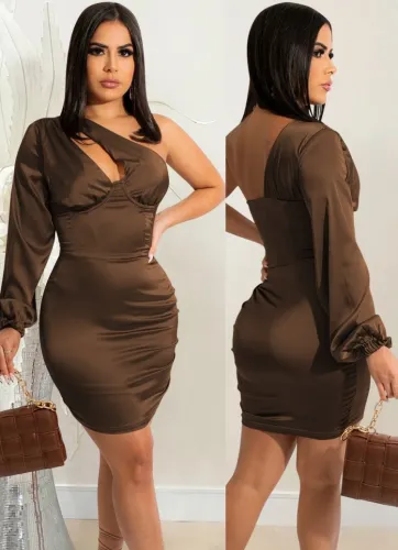 Brown Silk Cut Out One Shoulder Mini Dress
